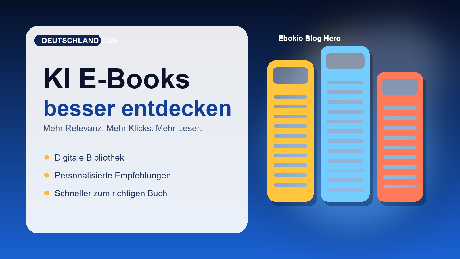Attraktive Hero-Grafik zu KI E-Books 2026 mit digitaler Bibliothek, modernen Buchcovern und deutscher Leseransprache